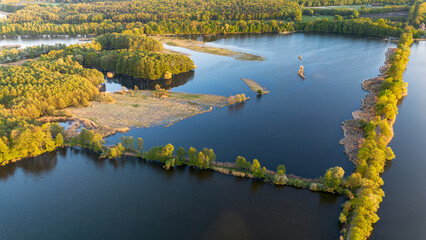 Milickie Ponds after sunset from a bird's eye view, Lower Silesia, Poland.	