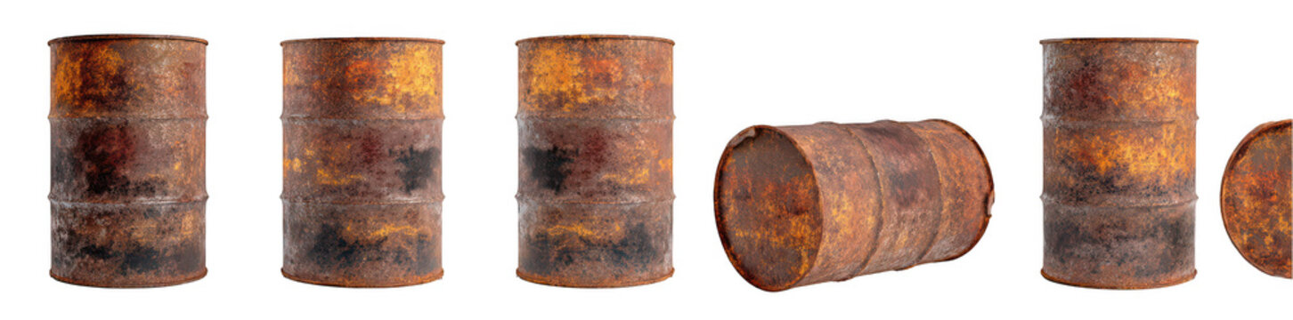 4 different angles of a rusty oil barrel isolated on a white background, png, transparent