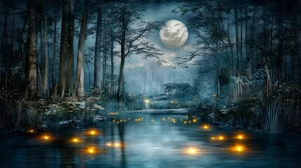 Naklejka premium Enchanted Moonlit Forest Lake with Fireflies