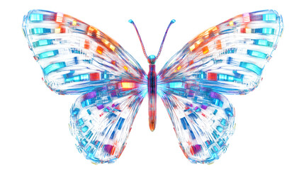 Glitch NFT butterfly, cyberpunk aesthetics, neon wings, isolated, transparent