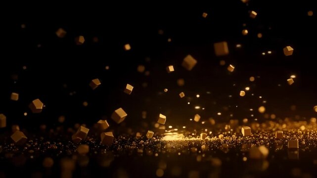 Golden geometric cubes exploding on black background, luxury 3d particles motion graphics, elegant metallic square fragments floating in dark space