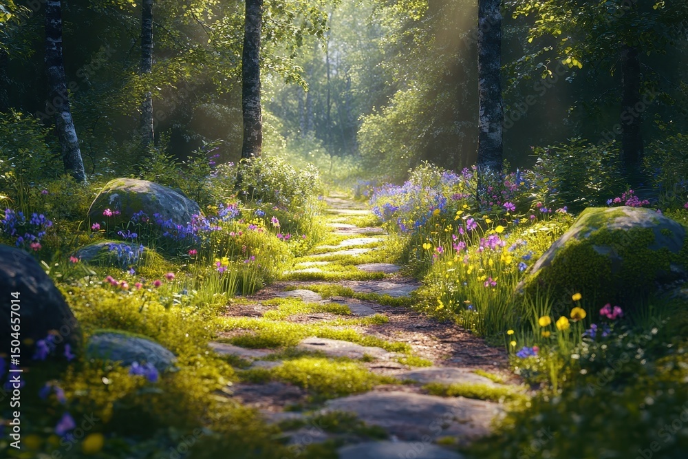 Poster serene forest pathway adorned with colorful wildflowers and sunlit trees creates a tranquil escape i