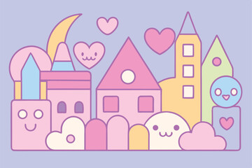 Pink Fairy Tale Castle and House with Princess Cartoon Illustration
