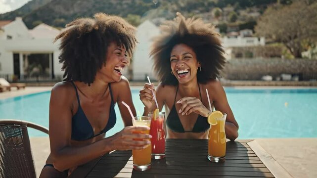 small young african american women with glass of juice at table against pool background in summer, resort vacation