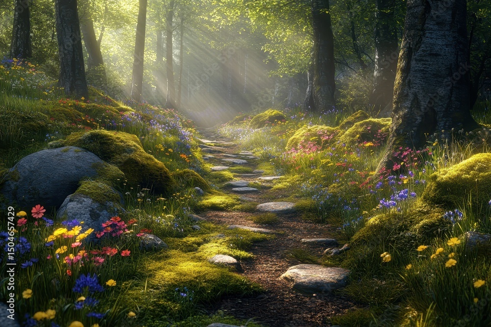 Poster serene forest pathway adorned with colorful wildflowers and sunlit trees creates a tranquil escape i