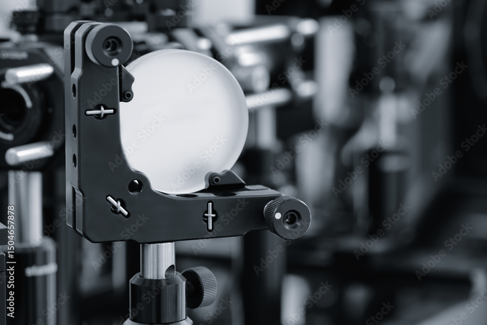 Poster Optical equipment including telescope and lenses are displayed on a table in a laboratory. Optics and photonics concept science experiment with laser background