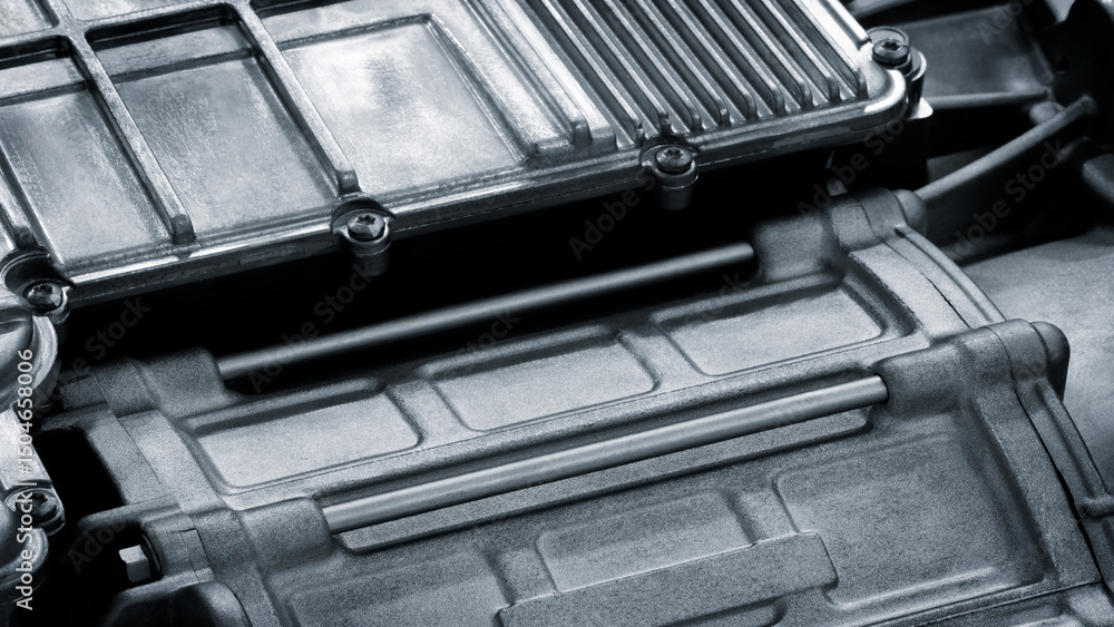 Aufkleber a close up of a car engine with a black and silver color scheme. the engine is made of metal and has