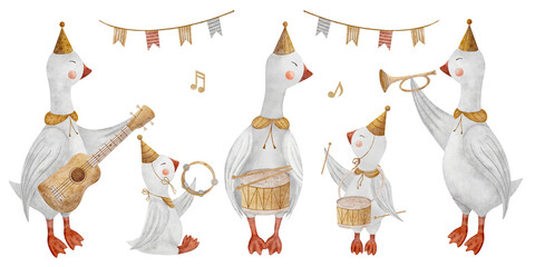 Watercolor set of geese musicians holding drum, guitar, trumpet, tambourine. Retro musical instruments. Hand drawn illustration on isolated background for design kids cards, birthday, holiday, sticker © Anastasia Brekhova
