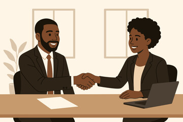 Professional Black man and woman shaking hands at office desk, finalizing business deal agreement. Vector illustration of successful partnership, collaboration, recruitment, and contract success.