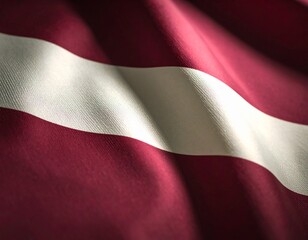 Textile red latvian national flag texture close up waing in wind in dramatic lighting