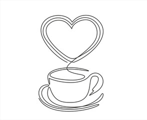 One continuous single line of hand drawn with cup of coffee decorated with heart symbol isolated on white background.. Editable stroke. 