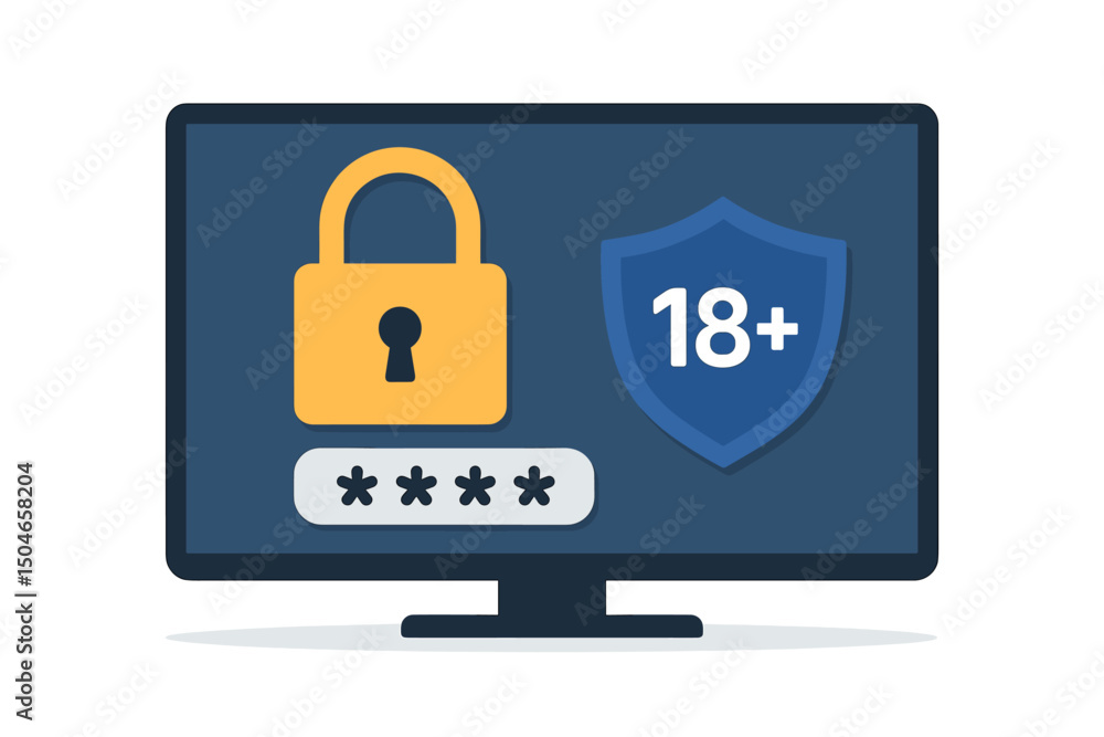 Poster parental controls on tv screen with password lock and 18+ age restriction shield vector illustration