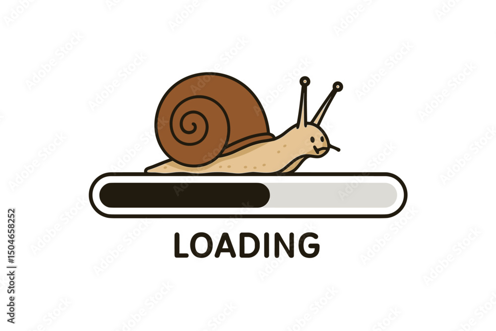 Poster cute cartoon snail crawling slowly on a loading progress bar symbolising slow internet connection, w
