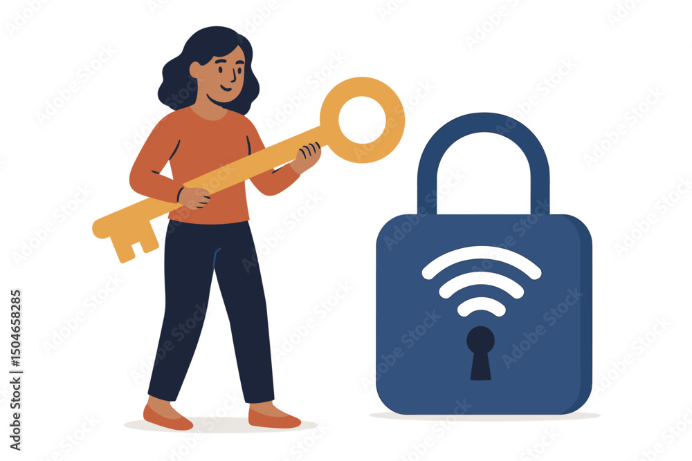 Poster conceptual vector graphic of a woman using a large golden key to unlock a blue padlock with a wi-fi 