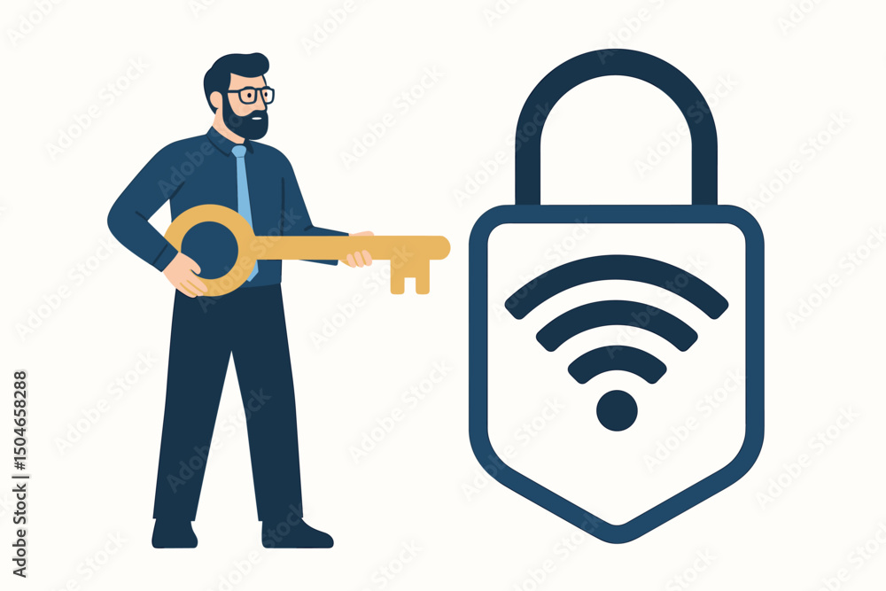 Poster flat vector illustration showing a businessman holding a large golden key next to a wi-fi padlock sy