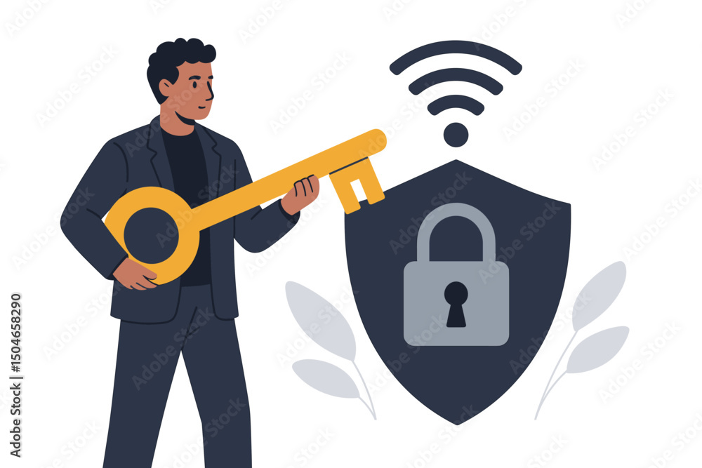 Aufkleber man in suit with large key accessing secure wi-fi network protected by shield and padlock. vector co