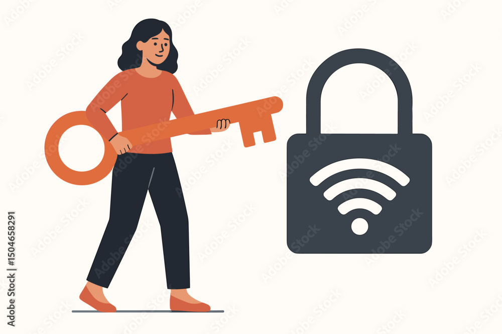 Aufkleber unlocking secure wi-fi connection: woman with oversized key approaches padlock symbolising network s