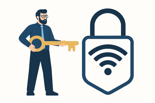 Flat vector illustration showing a businessman holding a large golden key next to a Wi-Fi padlock symbol, representing cybersecurity, secure network access, data protection, and authentication.