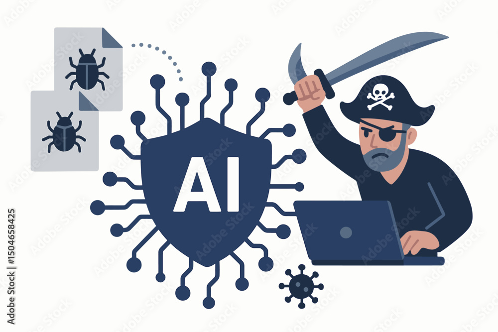 Aufkleber ai cybersecurity under attack: vector illustration of pirate hacker with laptop, sword targeting ai 