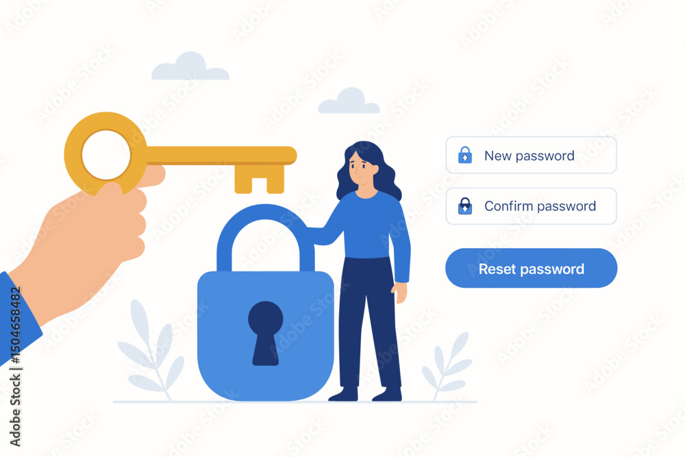 Aufkleber flat vector illustration depicting password security and reset. woman holds padlock, hand offers key