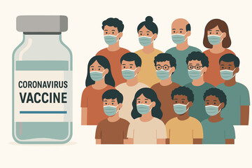Public health concept illustration featuring a Coronavirus vaccine vial and a diverse crowd wearing protective face masks, representing mass vaccination, immunization, and pandemic safety.