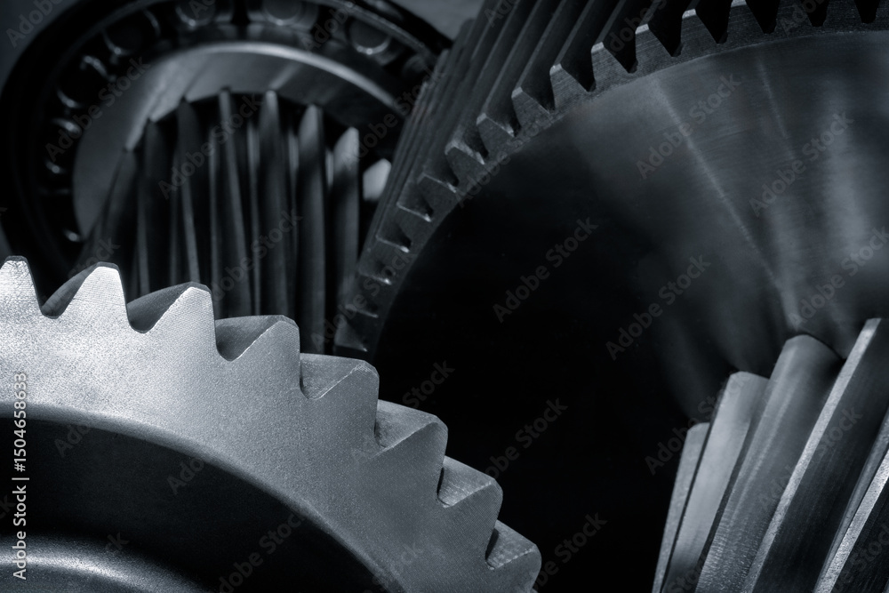 Poster gears are shown in close up, one of which is missing a tooth. Concept of mechanical precision and complexity, as gears are essential components in many machines and devices