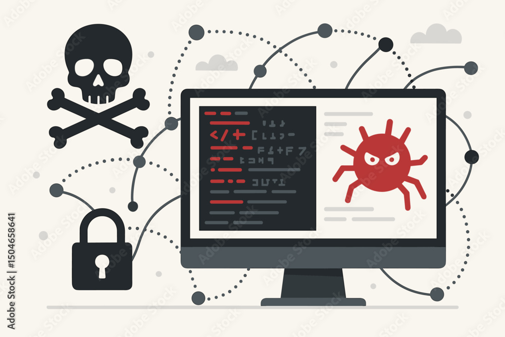 Poster cyber threat alert vector illustration showing a computer screen infected with malware, surrounded b