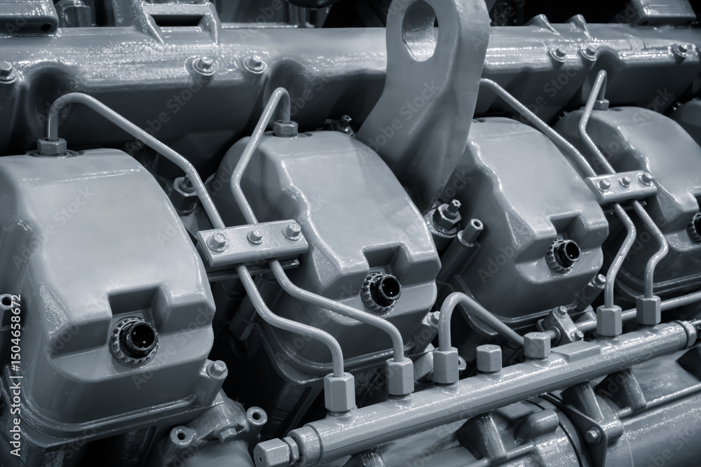 Aufkleber A large engine with three cylinders and a large bolt. The engine is made of metal and has a shiny, metallic
