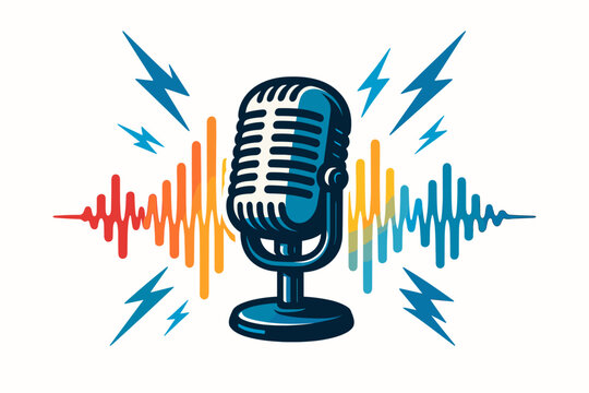 Dynamic retro microphone vector illustration with vibrant sound waves and energetic lightning bolts for podcast, radio broadcast, music recording, or voice-over concept.