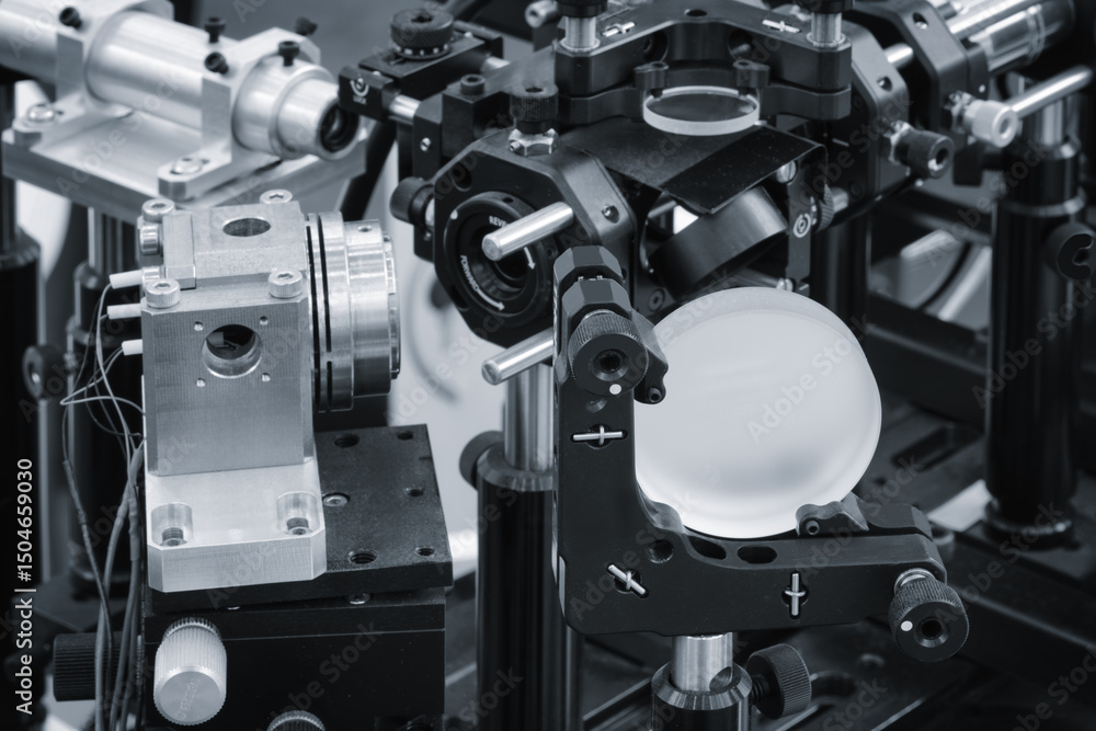 Poster Optical equipment including telescope and lenses are displayed on a table in a laboratory. Optics and photonics concept science experiment with laser background.