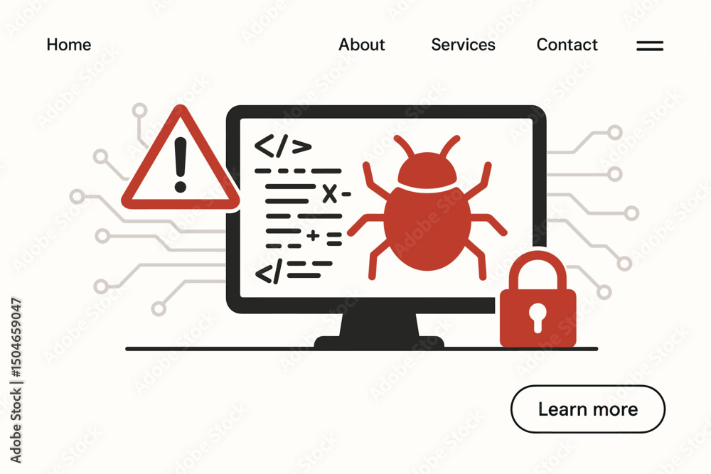 Aufkleber detecting malware and viruses: cybersecurity threat concept with bug on computer screen, alert sign,