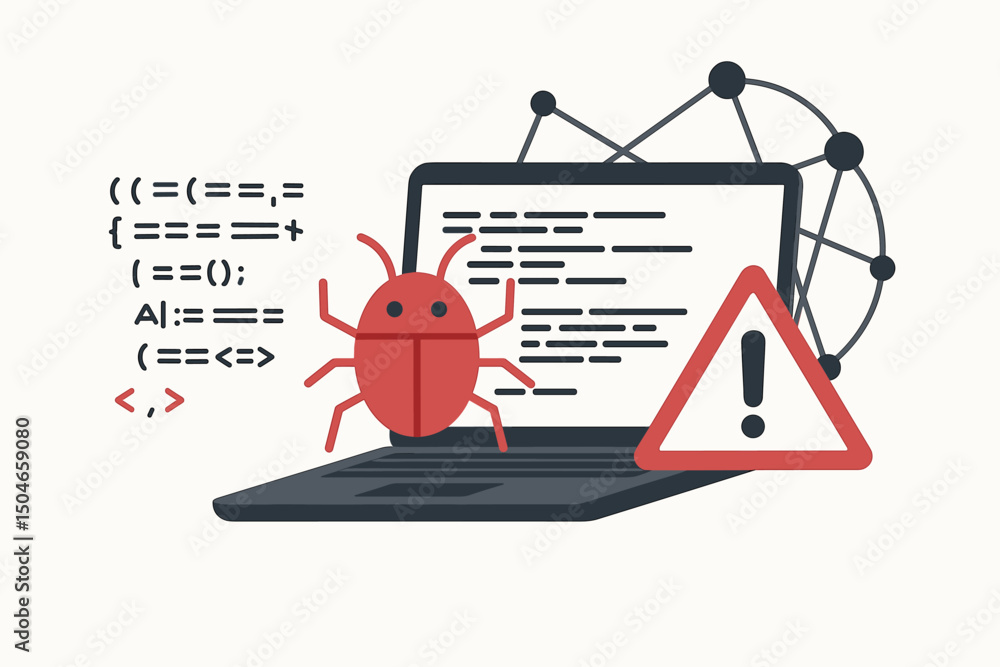 Aufkleber cybersecurity threat vector illustration showing a red malware bug and warning sign on a laptop with