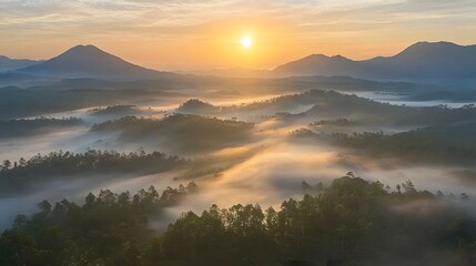 Fototapeta premium Sunrise Misty Mountain Landscape Aerial View