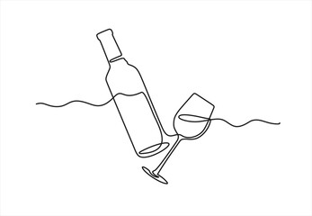 Bottle of wine with wineglass in continuous line art drawing style. Wine list. Minimalist black linear sketch isolated on white background. Editable stroke. Doodle vector illustration	