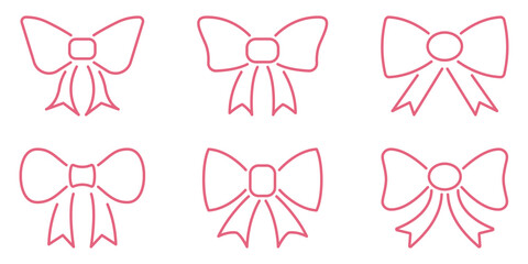 Pink Bow Tie Outline Icon Set. Decorative Ribbon And Gift Wrapping Symbol Collection. Fashion Accessory And Celebration Design. Editable Stroke. Isolated Vector Illustration