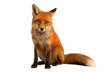 Red fox sitting and looking forward on white or transparent background