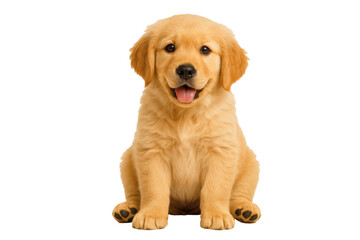 Golden retriever puppy sitting and smiling on white or transparent background