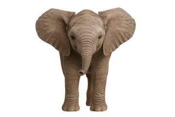 Baby elephant standing and facing forward on white or transparent background