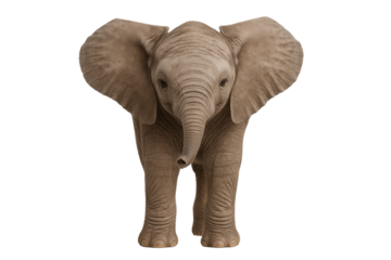 Baby elephant standing and facing forward on white or transparent background