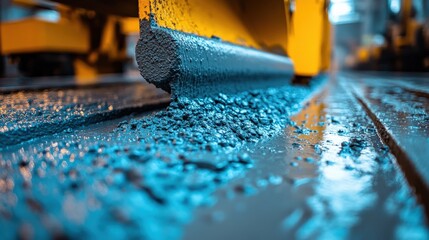 Industrial machinery applying blue asphalt on construction site with focus on roller
