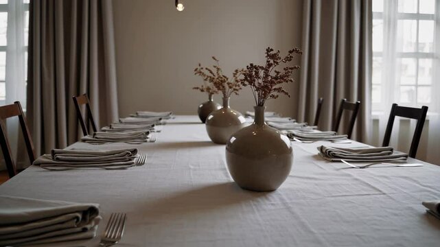 Elegant dining table with white tablecloth, vases and folded napkins in soft natural light

