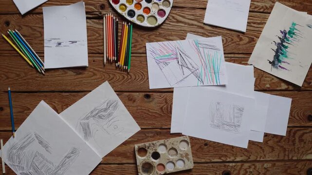 Art sketches and colored pencils scattered on wooden table in creative workspace

