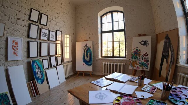Sunlit art studio with paintings, sketches and supplies scattered on wooden table

