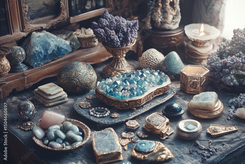Aufkleber Colorful crystals and decorative items displayed on a rustic surface in a serene setting with soft light and natural elements showcasing tranquility