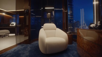 Luxurious city apartment with plush chair, night view