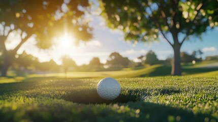 Golf ball nestled in a cup on a lush green course at sunset