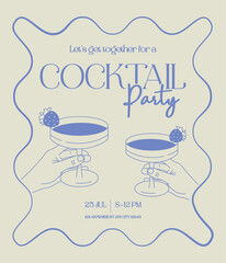 Stylish cocktail party invitation with two hands holding glasses, minimalist blue line art on light background. Perfect for summer events, posters, flyers, and social media.