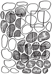 Card or poster with hand-drawn textured background featuring abstract hatched oval shapes and transparent rectangles. Artistic design with layered  textures, blending geometry and organic elements