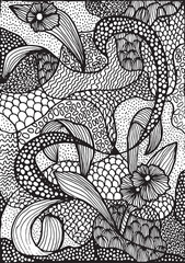 Card or poster with hand-drawn textured background featuring abstract shapes, fantasy-inspired textures, floral patterns, and sand-like elements, decorative design suitable for creative projects