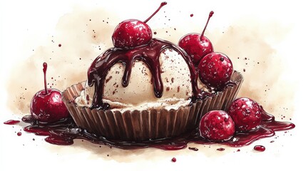 Delicious ice cream sundae with chocolate sauce and cherries
